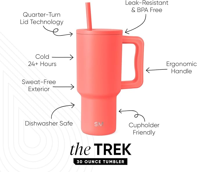 Simple Modern Tumbler with Handle and Straw | 30oz | Coral | Trek Tumbler - Image 2