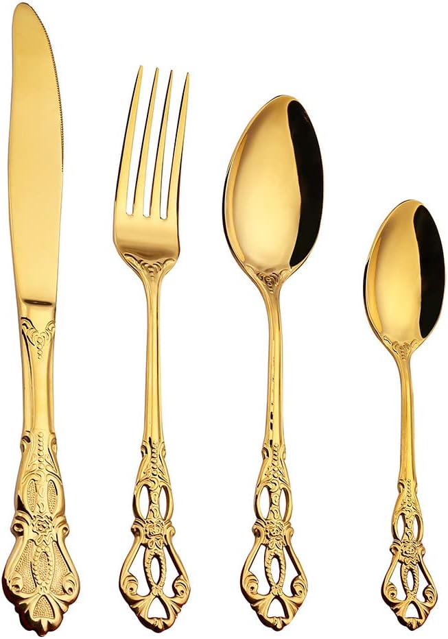 Gold Silverware Set for 10 Stainless Steel Flatware Set Palace Style Hollow Relief Decoration 40 Piece Cutlery Utensils Include Knives Forks and Spoons Tableware Set for Home Kitchen Restaurant Party