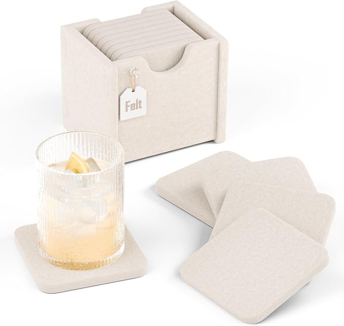 Fluxynara Felt Coasters with Holder, Oatmeal | Square Felt Coasters, by FLUXYNARA