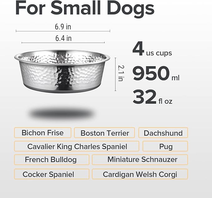 URBUDDIES 2 Pack Hammered Stainless Steel Dog Bowls, 4 Cup, Dishwasher Safe - Image 3