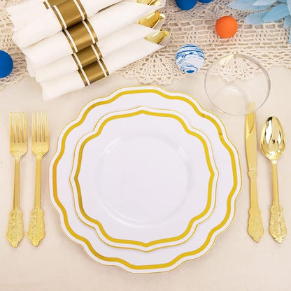 YOUBET 350 PCS White and Gold Plastic Plates - Disposable Plates for 50 Guests Tableware Includes 150 Gold Plastic Silverware, 50 Cups, 50 Napkins, for Wedding Party & Thanksgiving