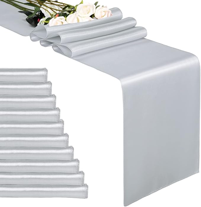 10-Pack Silver 12 x 108 inche Long Premium Satin Table Runner | Wedding by REWOMC