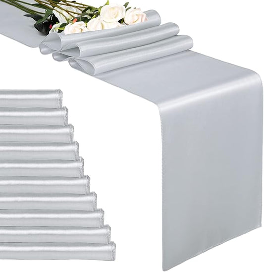 10-Pack Silver 12 x 108 inche Long Premium Satin Table Runner | Wedding by REWOMC