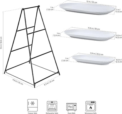 UNICASA 3 Tier Serving Tray for Parties – White Oval Porcelain Serving Platters and Trays with Collapsible Metal Stand – Tiered Dessert Stand for Cake, Snacks, Appetizers, Fruits, Chips & Dips