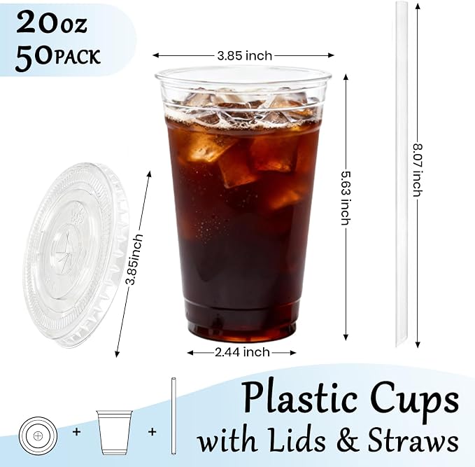 20oz Clear Plastic Cups with Lids and Straws | Leak-proof Disposable Iced - Image 2