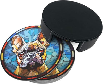 Drink Coaster Set of 6, French Bulldog Dog Mom Lover Gift,Leather Drink Coasters with Holder,6 Pack Cup/Bar/Drink Coasters for Table/Drinks/Coffee Protection Housewarming Gift