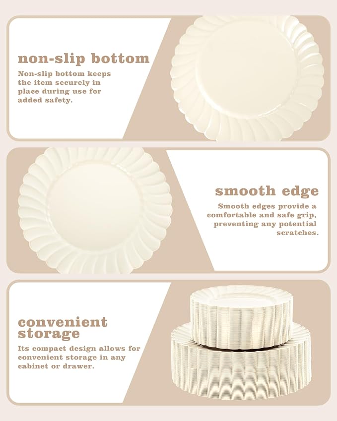 YOUBET 100PCS Ivory Scalloped Plastic Plates - Image 6