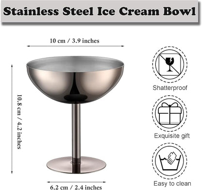 Ice Cream Bowls Stainless Steel Dessert Cups with Spoons Reusable Footed Sundae Cups Ice Cream Cups for Dessert, Frozen Yogurt, Gelato, Birthday Party Decorations (1, Black)