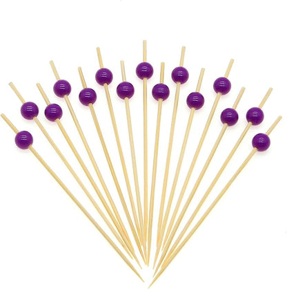 Minisland Purple Pearl Cocktail Picks, 4.7 Inch Long Bamboo Fancy Toothpicks for Appetizers, Decorative Bridal Wedding Holiday Party Food Drink Garnish Fruit Kabob Skewer Sticks 100 Counts - MSL454
