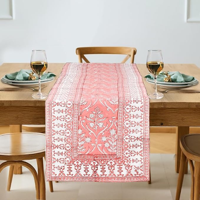 Sweet Pink Hand Block Print 100% Cotton Reusable Table Runner 16" X 106" Inches by Ridhi