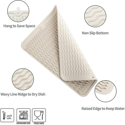 Silicone Dish Drying Mat for Multiple Usage,Easy clean,Eco-friendly,Heat-resistant Silicone Mat for Kitchen Counter or Sink,Refrigerator or drawer liner Tapioca L 16 inches x 12 inches