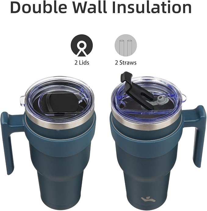 Konokyo 30 oz Tumbler with Handle and Straw, Insulated Travel Mug | Navy Blue; - Image 3