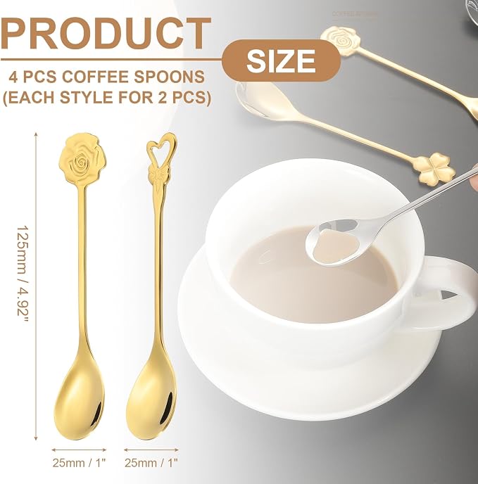 PATIKIL 4pcs Coffee Spoons, Heart/Rose Tea Spoons 304 Stainless Steel Teaspoons - Image 2