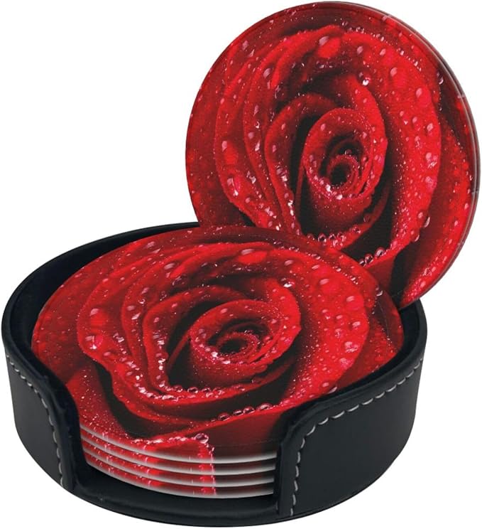 6 Pcs Red Rose Leather Coasters - Image 2