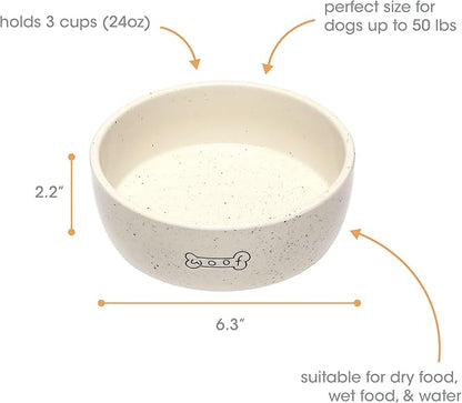 Pearhead Ceramic Pet Bowl 3-Cup Capacity Durable Speckled Dish with Woof Graphic Food Water Feeder for Small Medium Dogs