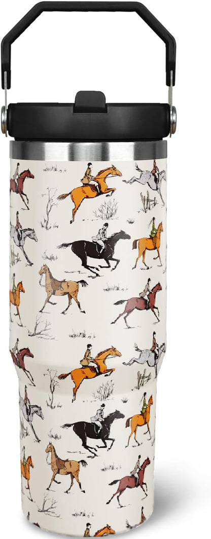 30 oz Horse Tumbler with Handle and Flip Straw, Vacuum Insulated Water Bottle by awufncksn