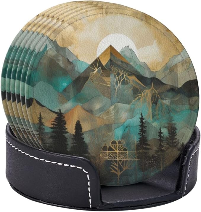 Mountains Trees Landscape Sunrise Leather Coasters Set of 6 - Image 9