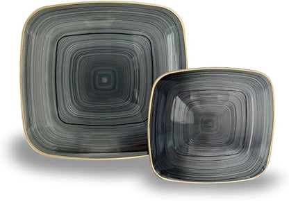 " OCCASIONS " 100 Plates Pack,(50 Guests) Premium Wedding Party Disposable Plastic Plates Set -50 x 10'' Dinner + 50 x 7'' Salad/Dessert (Belize Square in Black & Gold)