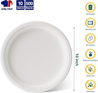 JOLLY CHEF Compostable Heavy Duty Plates 𝟭𝟬 𝗜𝗻𝗰𝗵 [𝟱𝟬𝟬 𝗣𝗮𝗰𝗸] Eco-Friendly Disposable White Uncoated Paper Plates Bagasse Sugarcane Biodegradable for Hot Cold Food Party Dinner Christmas