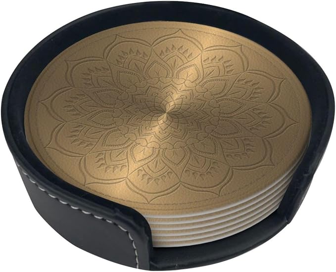 Drink Coasters with Holder Stand Set of 6, Mandala Rosette Engraving Pu Leather - Image 6
