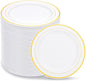 WELLIFE 144Pcs Gold Dessert Plates, 7.5 Inch Plastic Appetizer plates, Heavy Duty plastic Party Plates, White and Gold Plastic plate for Party and Wedding