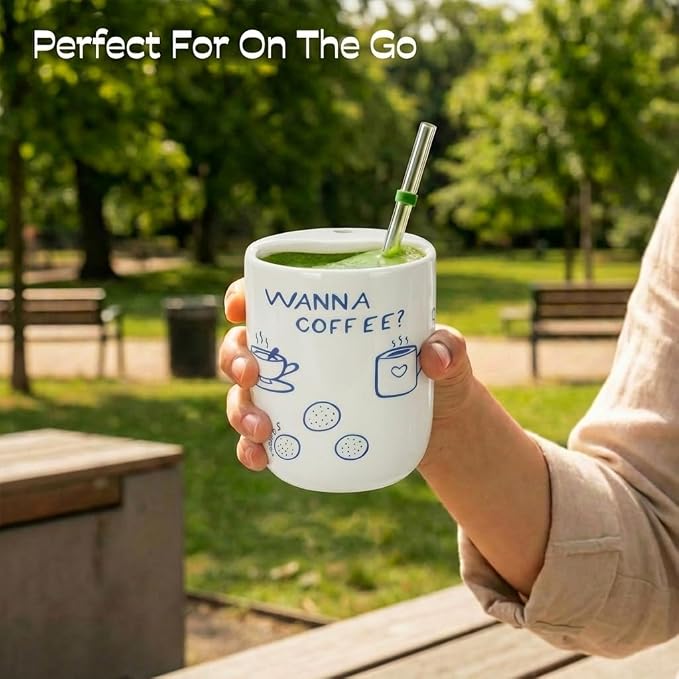 Ceramic Travel Mug with Half Lid, Funny Blue Pattern Ceramic Coffee Mug with - Image 9