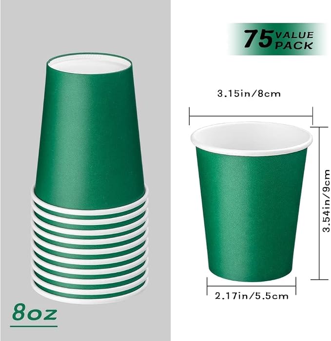75 Pack 8 oz Disposable Coffee Cups, Paper Coffee Cups-Green | Paper Hot Cups - Image 2