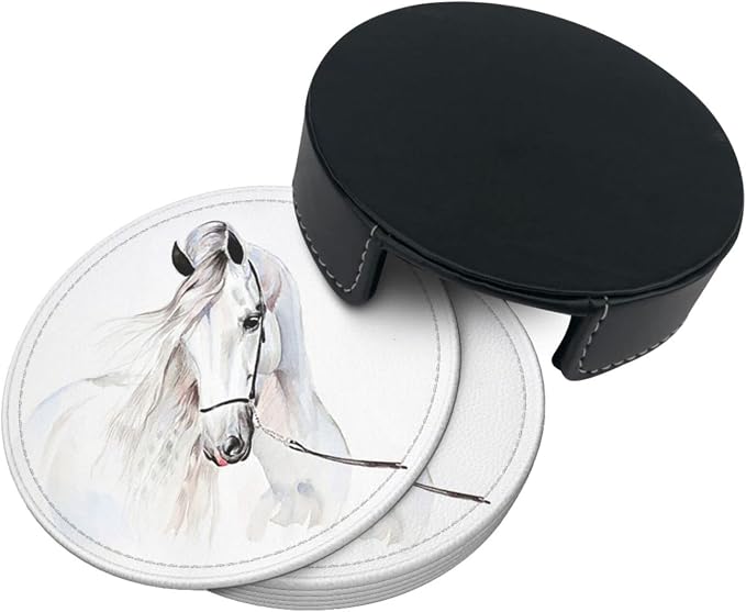 6 Pcs White Horse Animal Leather Coasters - Image 4