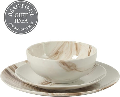 Gibson Home Cloudlight 12 Piece Plates and Bowls Dishes Brown and White - Decorated Porcelain Ceramic Dinnerware Set - Service for 4