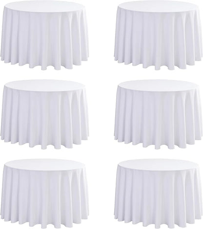 6-Pack Round 108-inch White Table Cloths, Solid Stain and Wrinkle Resistant Circular Tablecloth, Premium Plain Weave Polyester Fabric Table Linen Covers for Hotel, Banquet
