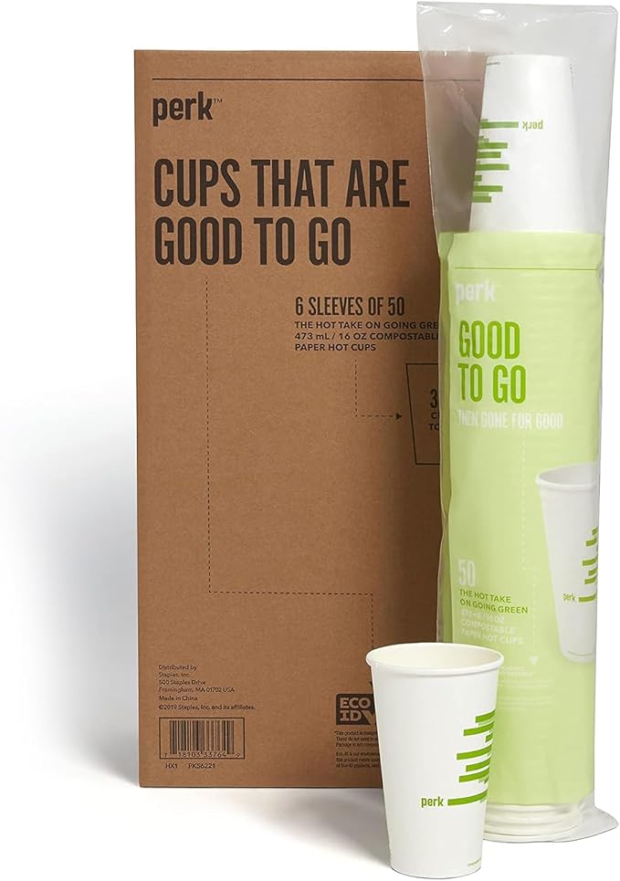 Perk Compostable Paper Hot Cups, 16 oz White/Green, Disposable Coffee Cups by Perk