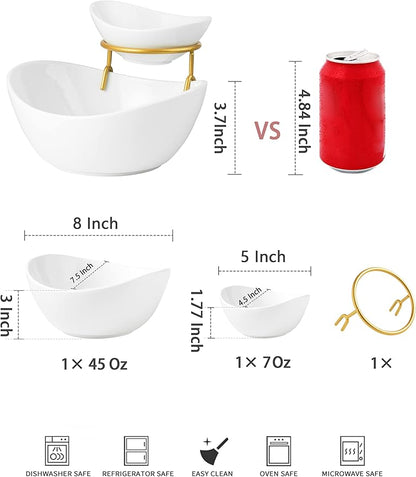 YHOSSEUN Chip and Dip Serving Set 2 Tiered Chip Dip Bowls with Metal Rack for Appetizer, Snacks - Large Chip Bowl 45 oz Small Dip Bowl 7 oz-Serving Bowls for Party, Food Dispaly - Gold Stand