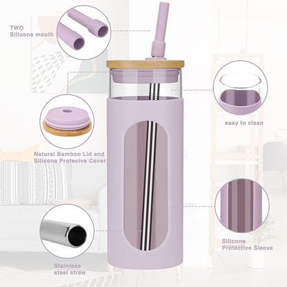Tronco 22oz Glass Tumbler with Bamboo Lid and Straw, Reusable Iced Coffee Cup for Boba Tea, Smoothies & Cold Drinks, Spill-Proof Glass Cup with Silicone Sleeve, Dishwasher Safe, BPA-Free (Pack of 2)