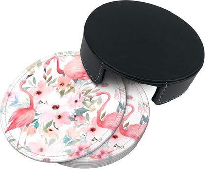 6 Pcs Watercolor Flamingo Tropical Floral Leaves Leather Coasters - Image 4