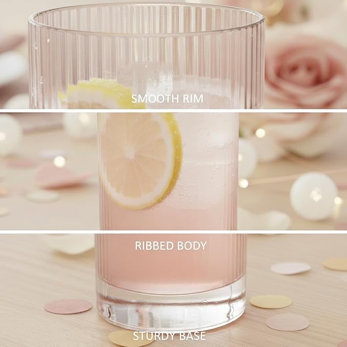 Physkoa Peach Ribbed Drinking Glasses Set of 6 – Vintage Embossed Highball - Image 4