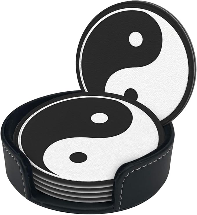 6 Pcs Funny Black and White Yin and Yang Leather Coasters - Image 3