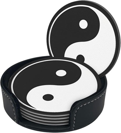 6 Pcs Funny Black and White Yin and Yang Leather Coasters - Image 3