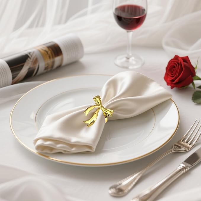 Bow Napkin Rings Set of 12 Shiny Gold Metal Bow Napkin Holders - Image 2