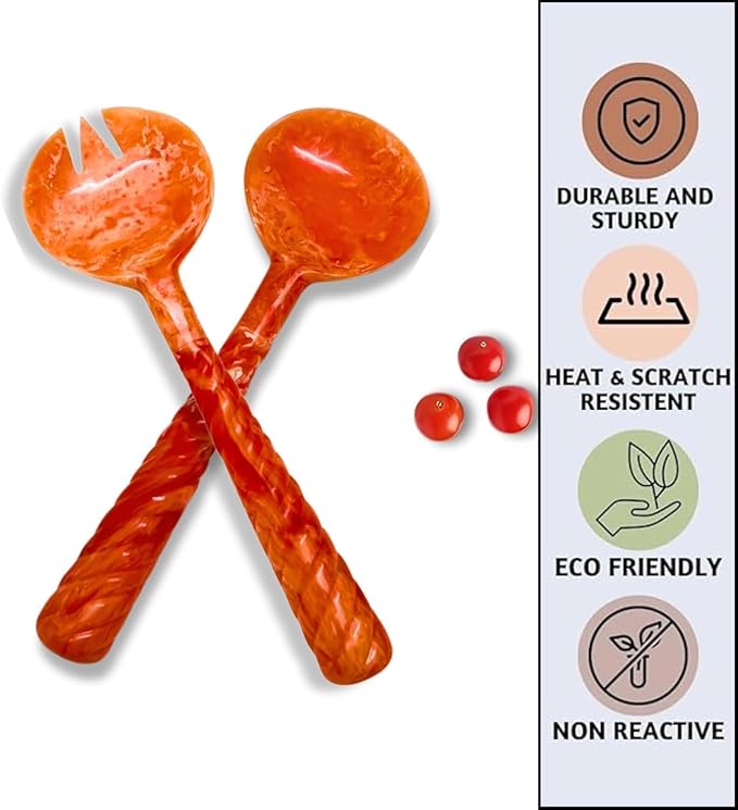 SS CRAFTS INDIA Premium 12.5" Vibrant Orange Marbled Resin Salad Servers | Set - Image 4