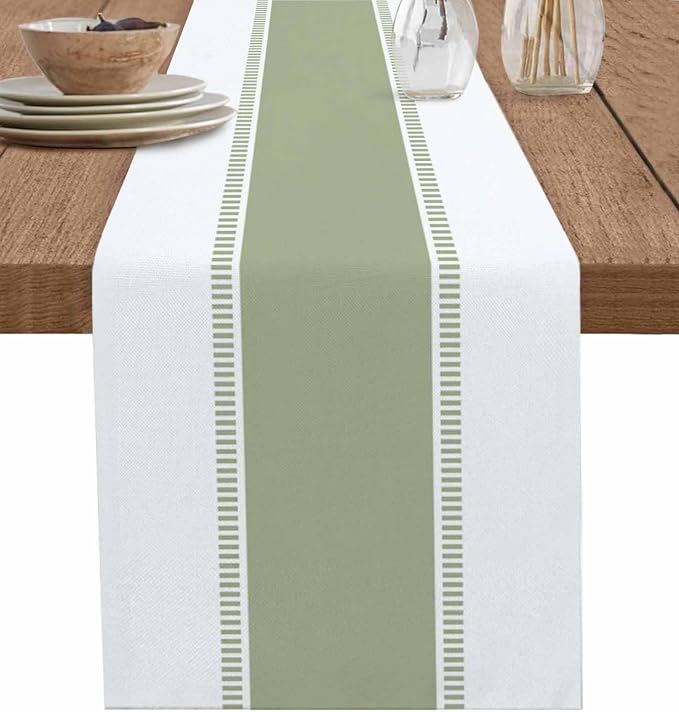 Sage Green Stripe Table Runners 72 inches Long, Linen Boho Table Runner by Futuregrace