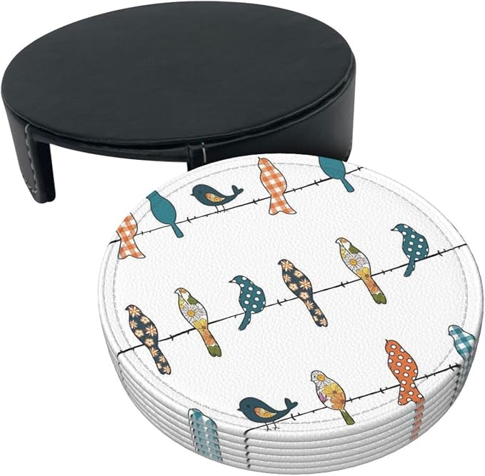 6 Pcs Rowley Birds Floral Pattern Leather Coasters - Image 4