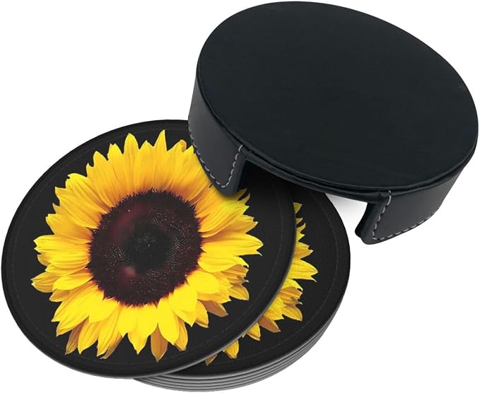 6 Pcs Black Farmhouse Blossom Sunflower Leather Coasters - Image 4