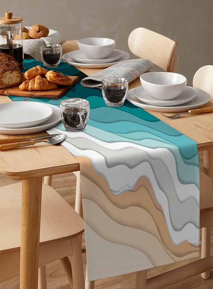 Turquoise Geometric Beach Short Table Runners 36 Inches, Cotton Linen Fabric - Image 3