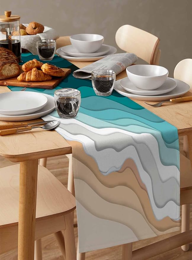 Turquoise Geometric Beach Table Runners 72 Inches Long, Cotton Linen Fabric - Image 3