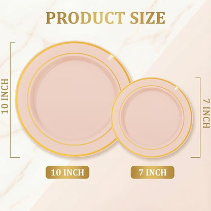 NOCCUR 200PCS Pink Plastic Plates for 100 Guests - Include 100PCS 10" Dinner/ 100PCS 7" Dessert Plastic Plates Heavy Duty - Ideal for Wedding/Party/Valentines & Galentines Day