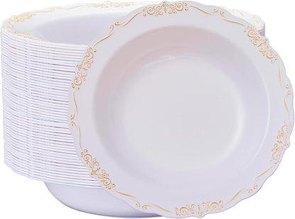 N9R 30PCS Disposable Soup Bowls with Gold Relief, 12 Oz Fancy Plastic Soup Bowls for Holidays, Parties, Weddings, Catering and Everyday Use