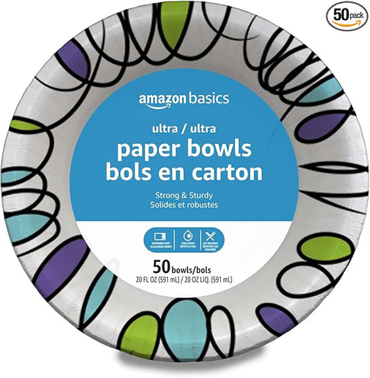 Amazon Basics Ultra Paper Bowls, 20 Oz, Disposable, 50 Count, White (1 pack of 50)