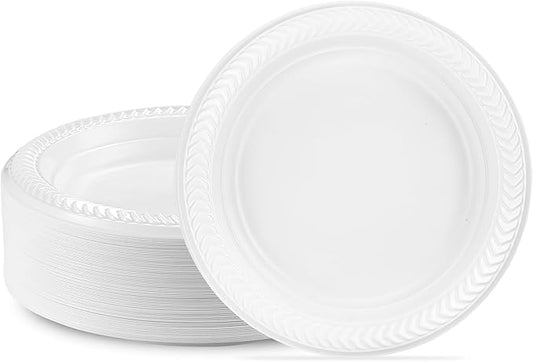 PLASTICPRO 200 PCS White Plastic Round 6 Inch Plates - Premium Quality, Light Weight Disposable Dishes for Parties & Weddings