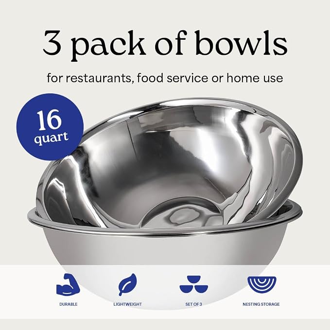 16 Quart Large Stainless Steel Mixing Bowls Set, Nesting Bowls | Extra Large - Image 2