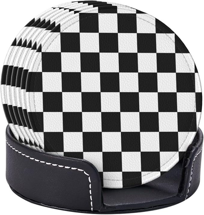 Black Checkered Leather Coasters Set of 6 - Image 9